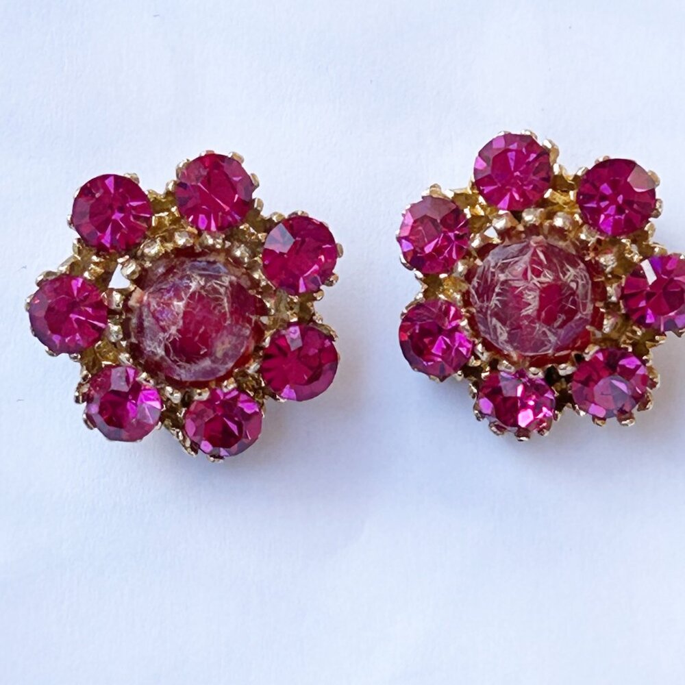 Vintage Gold-Tone Clip-On Earrings With Ruby Red Rhinestones